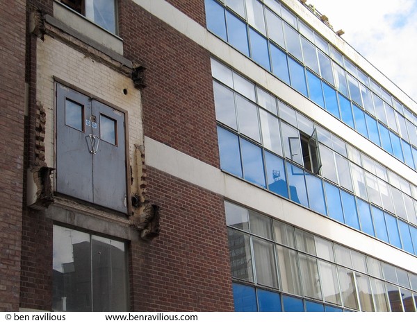 Dismantled walkway doors and open window: Colton Street, Leicester, 06 March 2004