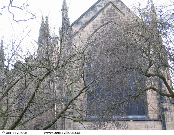 Bare trees shrowding end of St Georges church: St George's Church, Leicester, 06 March 2004