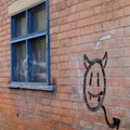 Blue window and graffiti devil, Frog Island, Leicester, 01 May 2004