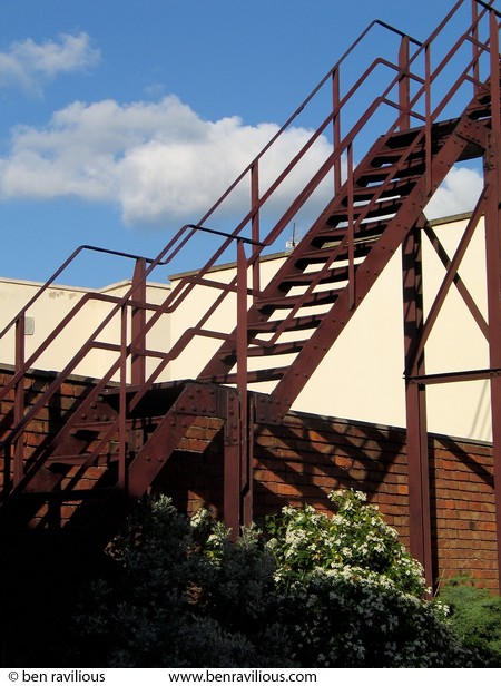 Black fire escape steps: Trinity Lane, Leicester, 03 May 2004