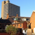 Quality urban planning - backs of Granby Street buildings and St Georges Tower, Calais Hill, Leicester, 03 May 2004