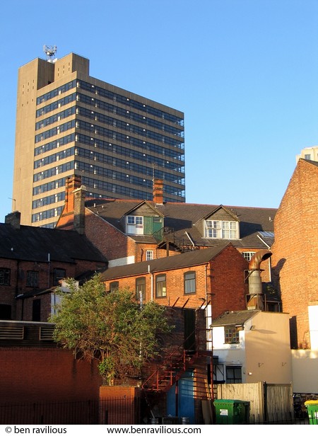 Quality urban planning - backs of Granby Street buildings and St Georges Tower: Calais Hill, Leicester, 03 May 2004
