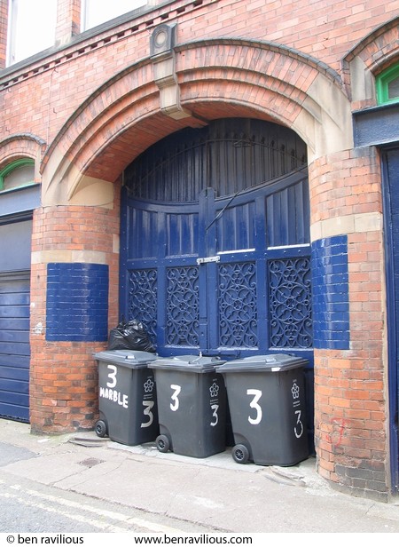 gateway and wheelie bins: Marble Street, Leicester, 15 May 2004