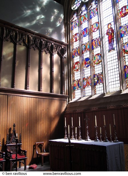 Stained glass window and alter at St Marys de Castro church: Castle Street, Leicester, 23 May 2004