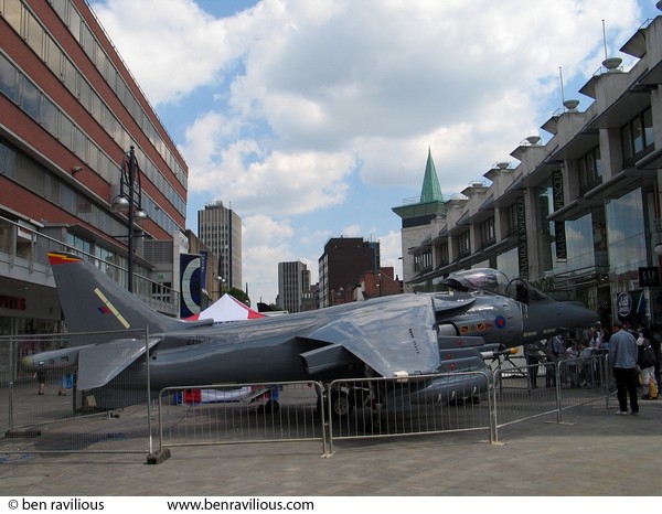 Harrier jump jet in the city centre: Humberstone Gate, Leicester, 23 May 2004