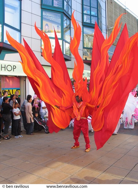 flaming man' carnival costume: Gallowtree Gate, Leicester, 07 August 2004