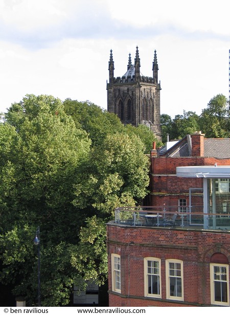 St Georges church tower amongst trees: Rutland Street, Leicester, 21 August 2004