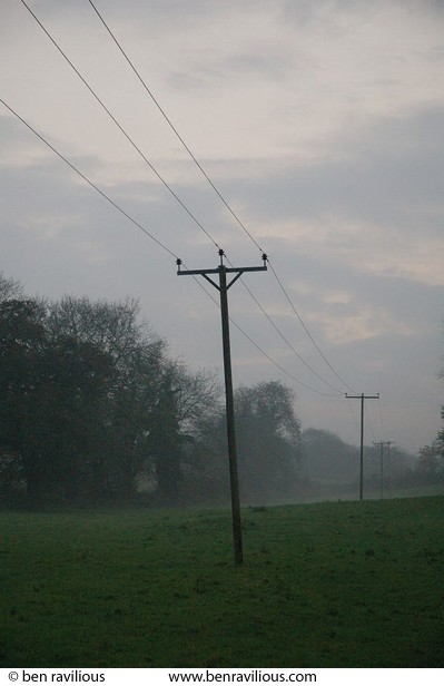electricity cables in a misty field: Bradgate Park, Leicester, 30 October 2004