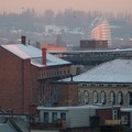 Snowy rooftops and Space Centre at dawn, Leicester, 19 November 2004