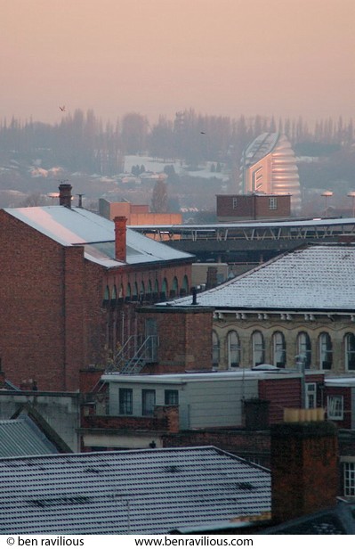 Snowy rooftops and Space Centre at dawn: Leicester, 19 November 2004