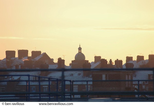 Leicester Synagogue and snowy rooftops at dawn: Highfields, Leicester, 19 November 2004