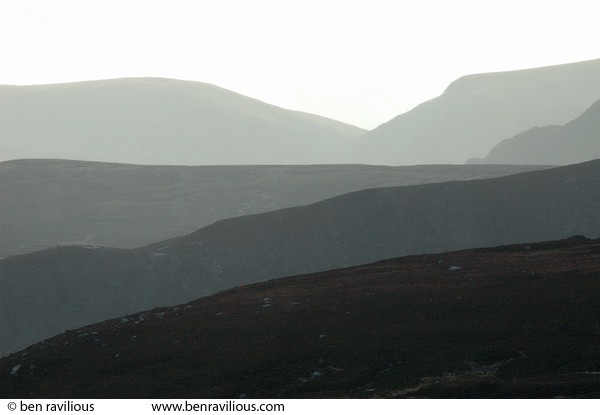 Mountains looking southwest: Monelpie Moss, Loch Muick, Cairngorms, Scotland, 30 December 2004