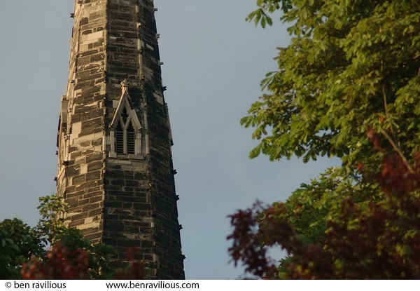 St Mary's de Castro spire in the trees: Castle Park, Leicester, 02 July 2005