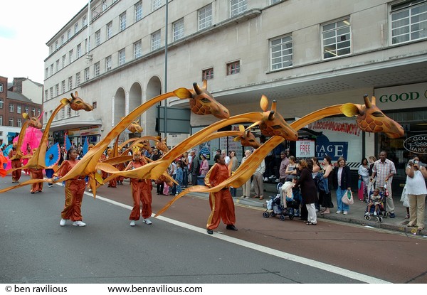 Giraffes at carnival parade: Charles Street, Leicester, 06 August 2005