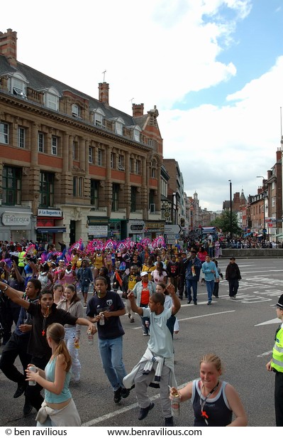Carnival procession dancing: Granby Street, Leicester, 06 August 2005