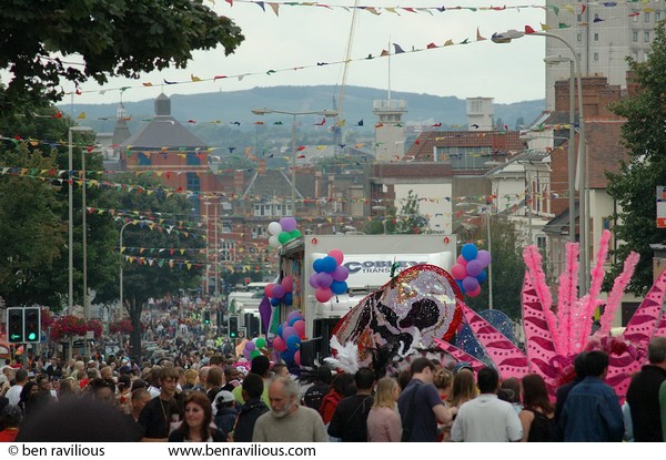 Carnival procession with Bradgate park in the distance: London Road, Leicester, 06 August 2005