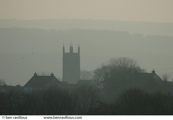 Church tower and houses: Chulmleigh, Devon, 05 February 2006