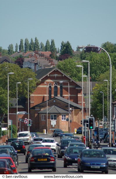 St Philip's Church with busy traffic: Evington Road, Leicester, 03 June 2006