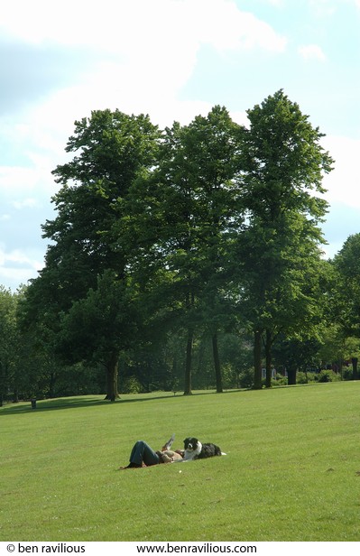 Woman and dog on the park: Spinney Hill Park, Leicester, 05 June 2006