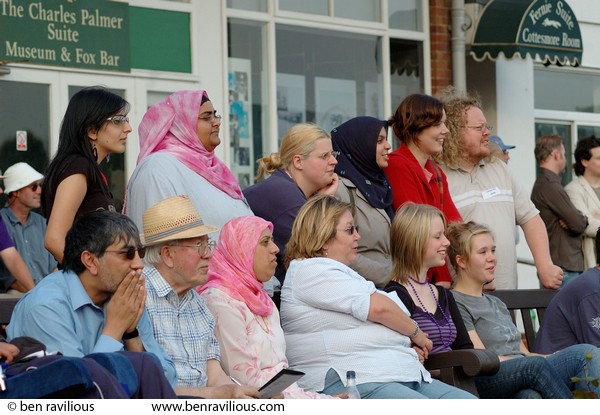 Spectators at an inter-faith cricket match: Imams vs Christian Clerics cricket match, Leicestershire Country Cricket Ground, Grace Road, Leicester, 11 September 2006