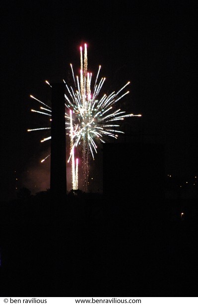Fireworks with factory chimney silhouette: Spinney Hills, Leicester, 03 November 2006