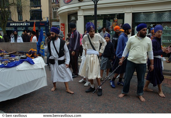 Sikh warriors choosing weapons: Vaisakhi Parade 2007, High Street, Leicester, 22 April 2007